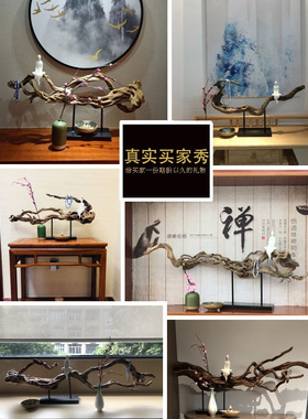 新品新中式杜娟树根禅意摆件佛像风化实木茶室客厅家居玄关装饰工
