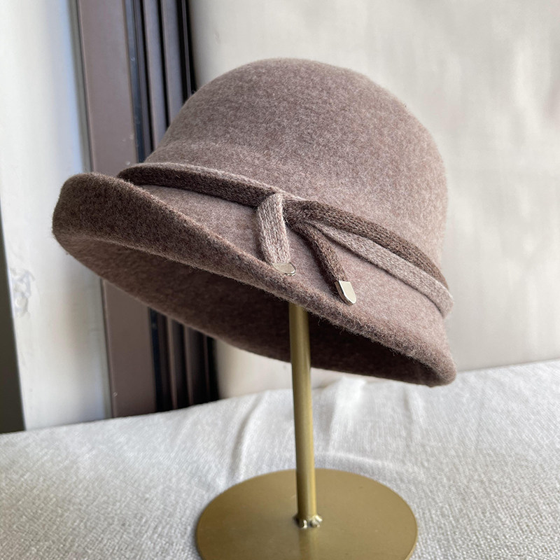 法式卷边羊毛混纺渔夫帽子女复古时尚百搭保暖盆帽秋冬可折叠礼帽 - 图1