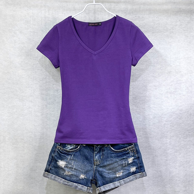 Pure cotton short-sleeved T-shirt for women V-neck solid color half-sleeved base shirt