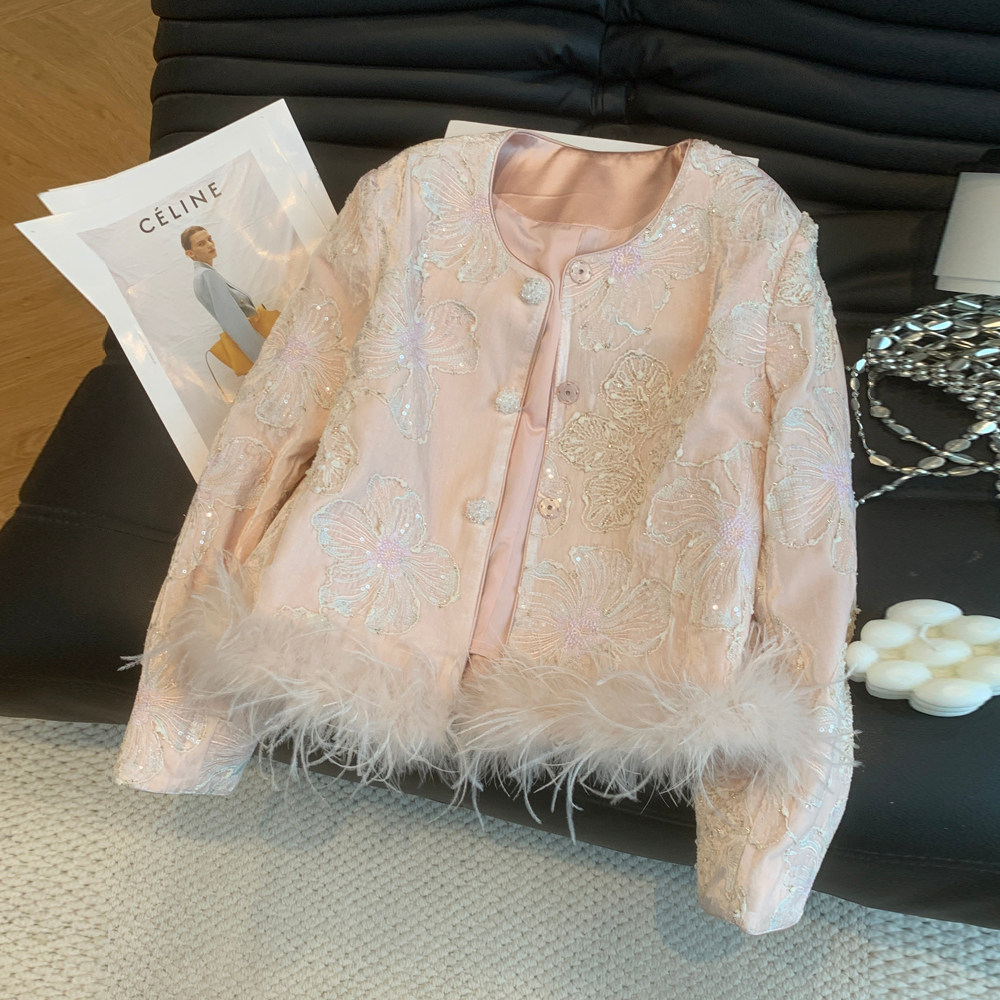 新中式国风重工钉珠小香外套女装设计感名媛气质鸵鸟毛短开衫上衣,淘宝优惠券,粉丝福利购,淘宝优惠卷