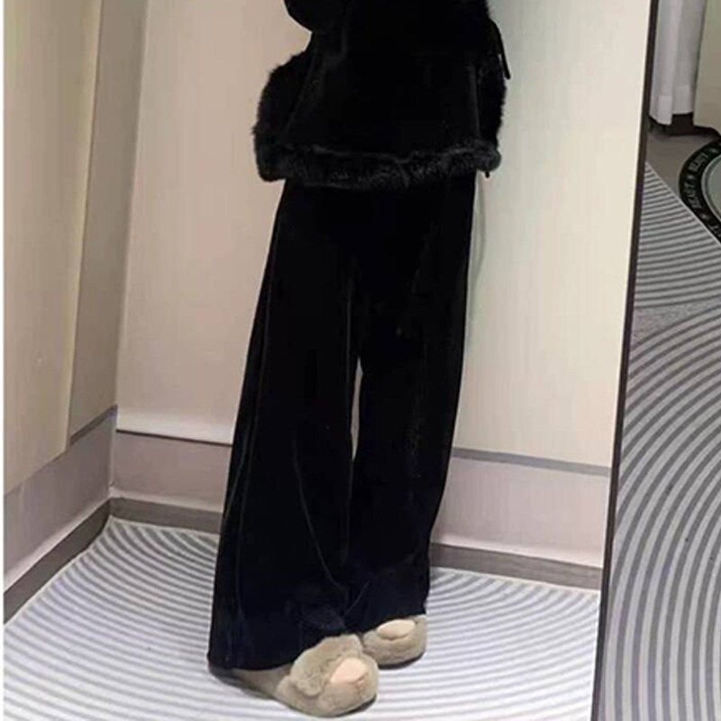 新中式丝绒加厚套装女2025冬季新款毛毛拼接加绒衬衫阔腿裤两件套,淘宝优惠券,粉丝福利购,淘宝优惠卷