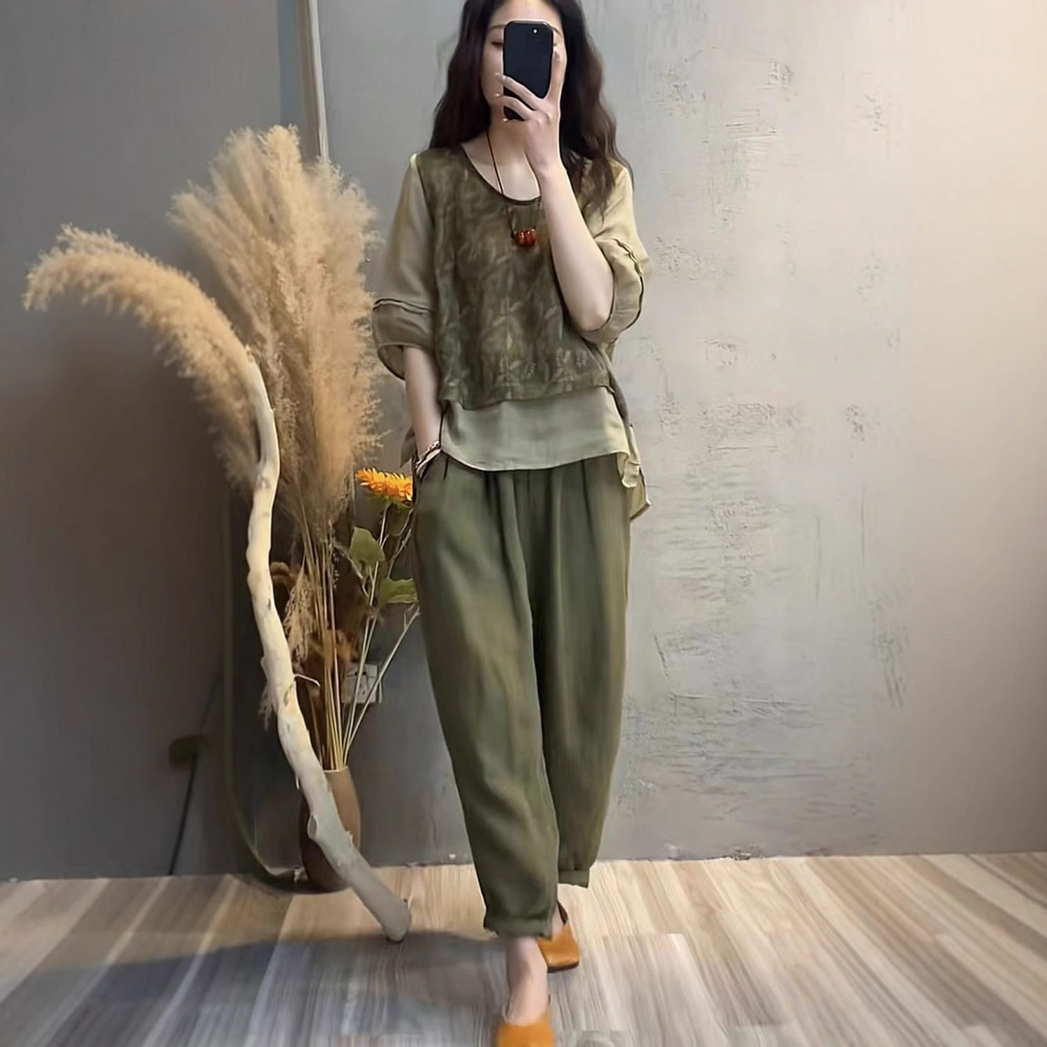 时尚大码棉麻套装女夏季新款宽松显瘦印花拼接上衣哈伦裤两件套装,淘宝优惠券,粉丝福利购,淘宝优惠卷