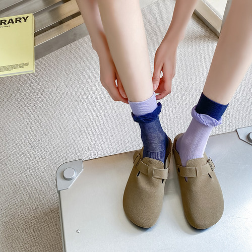 网眼夏天双罗口卷边薄款AB鸳鸯纯色日系街头网红风ins中筒袜女 - 图2