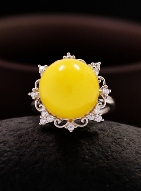 纯银戒指空托琥珀玉石镶嵌S925