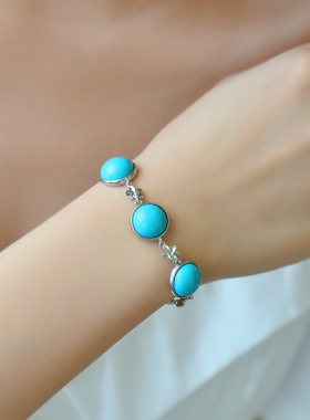 S925纯银手链空托女款三石位圆形DIY蜜蜡松石琥珀玉石镶嵌托8 12