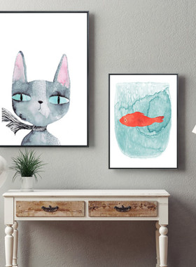 猫和鱼抽象风组合三联走廊油画