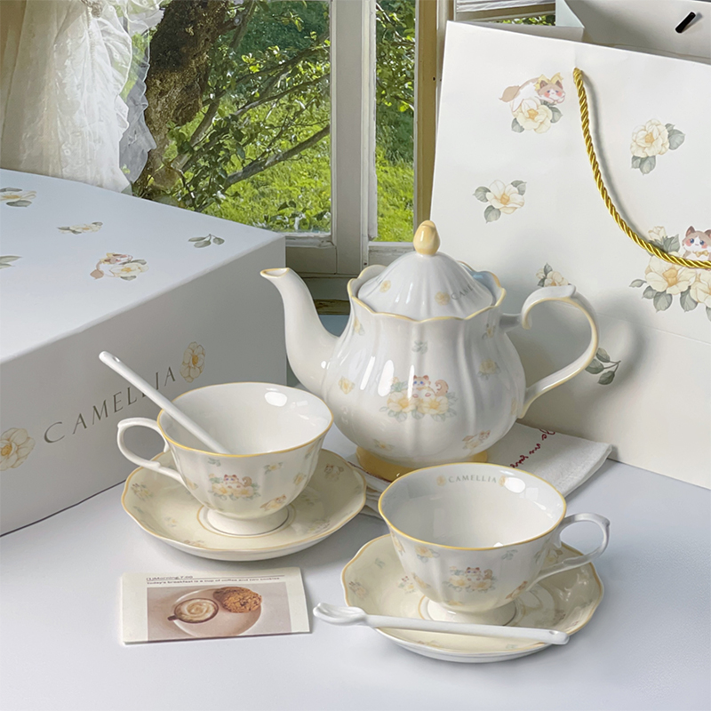 乔迁新居生日礼物法式布偶猫陶瓷咖啡杯碟茶壶礼盒套装女伴手礼 - 图0