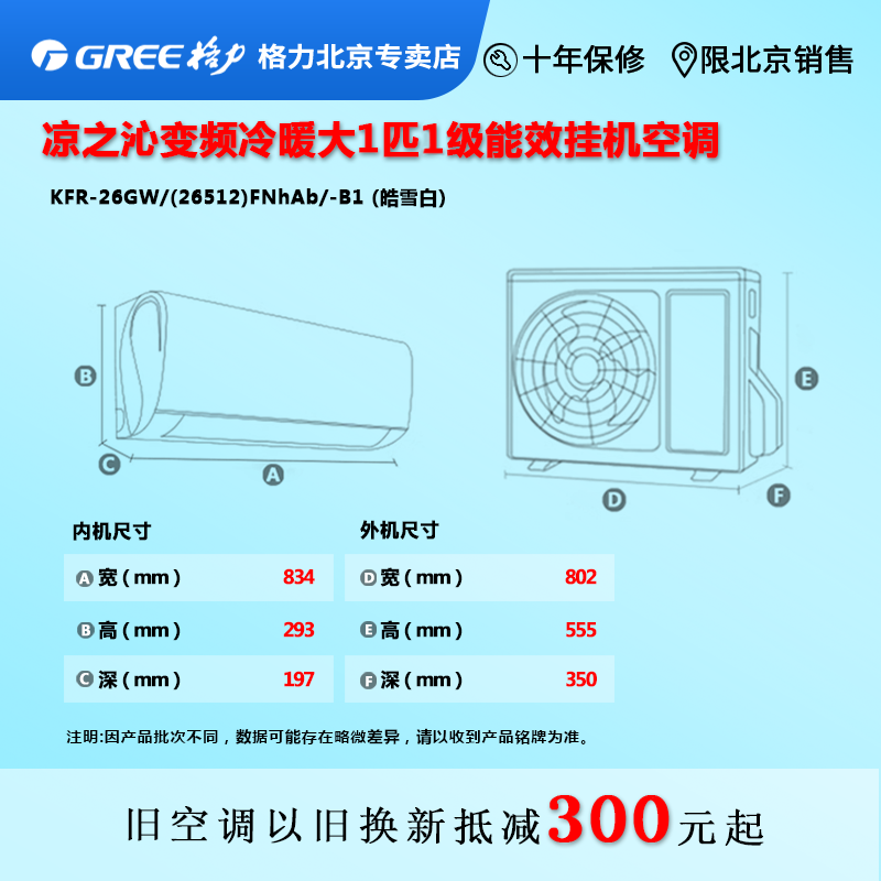 格力空调新一级凉之沁变频冷暖大1匹KFR26GW/(26512)FNhAaB1省电 - 图1