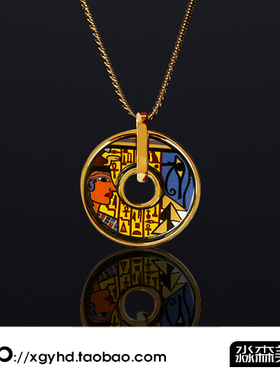 欧美风油画珐琅彩环形平安扣镀18k金女景泰蓝项链吊坠毛衣链礼物