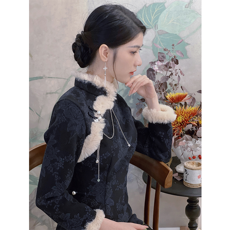 小乔旗袍冬季加厚黑色古法新中式气质秋冬2025新款年轻款少女国风 - 图3