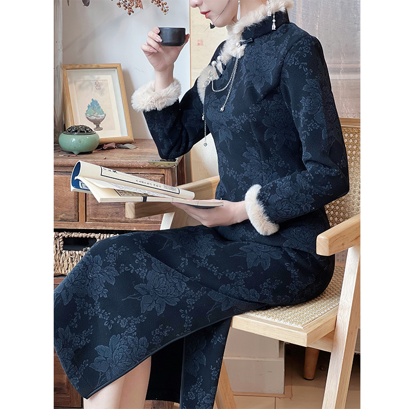 小乔旗袍冬季加厚黑色古法新中式气质秋冬2025新款年轻款少女国风 - 图2