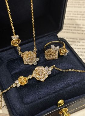 Lucky K S925纯银满钻双生玫瑰花项链女法式轻奢小众设计锁骨链