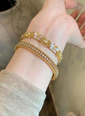 Lucky K S925纯银中古Vintage闪钻滚珠复古手镯开口轻奢高级百搭