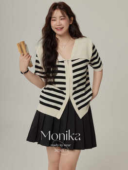 Monica large size striped double zipper knitted cardigan for women summer fat mm slimming short-sleeved navy collar top