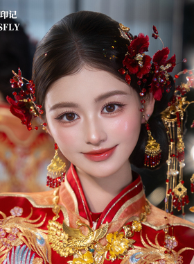金红色新中式新娘头饰绒花发夹发簪旗袍晨袍龙凤褂南洋风礼服发饰