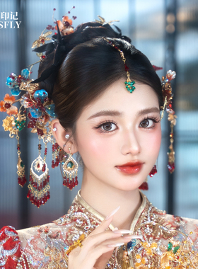 新娘新中式头饰金红蓝绿色秀禾旗袍晨袍南洋礼服七彩百搭分体发饰