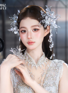 银色超仙水晶流苏对夹新娘婚纱头饰礼服发饰银色长流苏发夹减龄