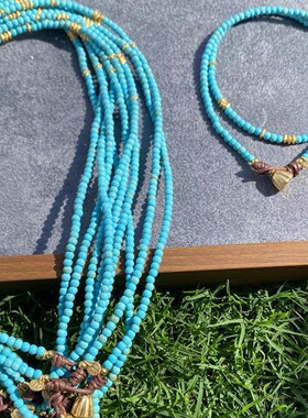 青出蓝|天然绿松石3mm中式项链莲蓬国风小米珠项链叠带复古手串