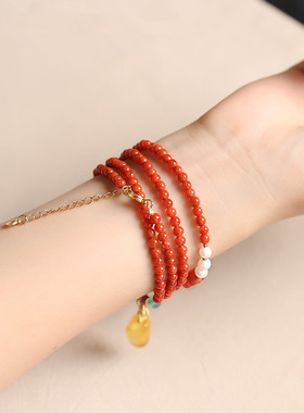 鸿运当头|天然南红多圈手链蜜蜡旗袍925银链旺运新中式清新 4.5mm