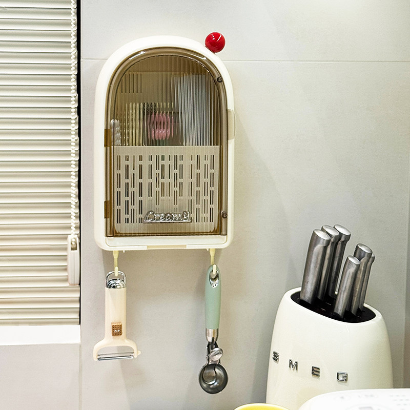 Kitchen chopstick cage wall-mounted chopstick storage box with cover dust-proof chopstick tube household draining tableware spoon chopstick basket holder