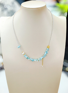 拉利玛海纹石项链diy古风小清新3mm细链水晶珍珠新款花朵锁骨链