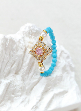 好美的海蓝宝切面戒指中国风镶钻水晶珍珠3mm女尾戒指环饰品礼物