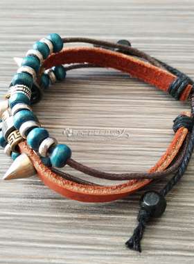 蒙古族特色手链纯皮镶嵌宝石配饰