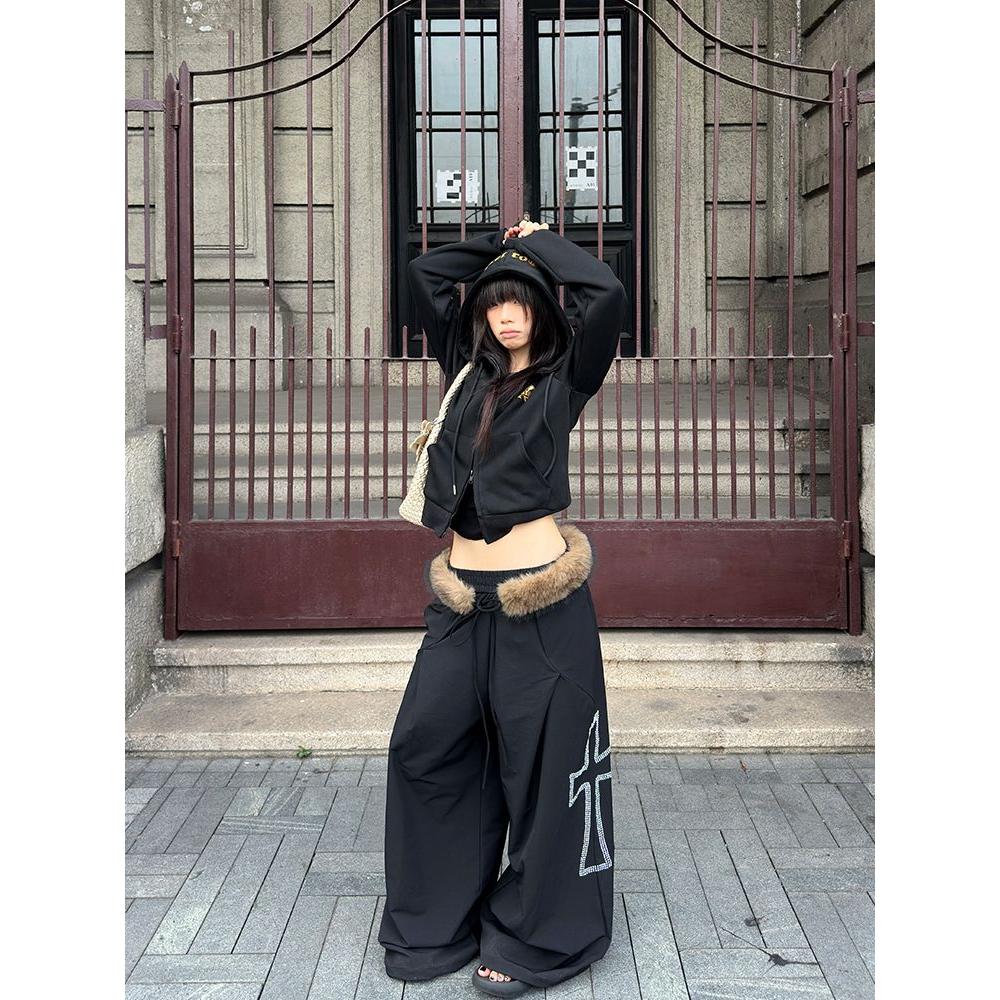 EAHO 美式设计感可拆卸毛领抽绳阔腿裤男女休闲百搭运动拖地长裤 - 图1