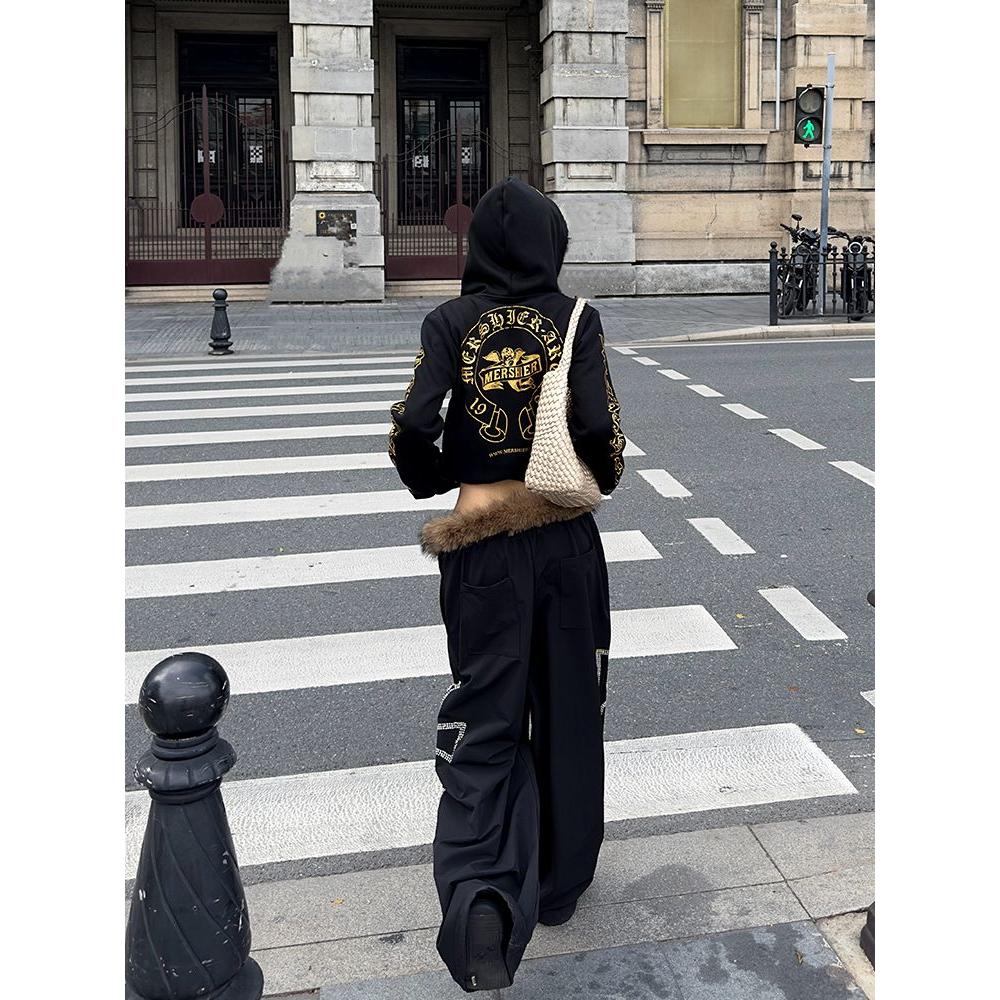 EAHO 美式设计感可拆卸毛领抽绳阔腿裤男女休闲百搭运动拖地长裤 - 图2