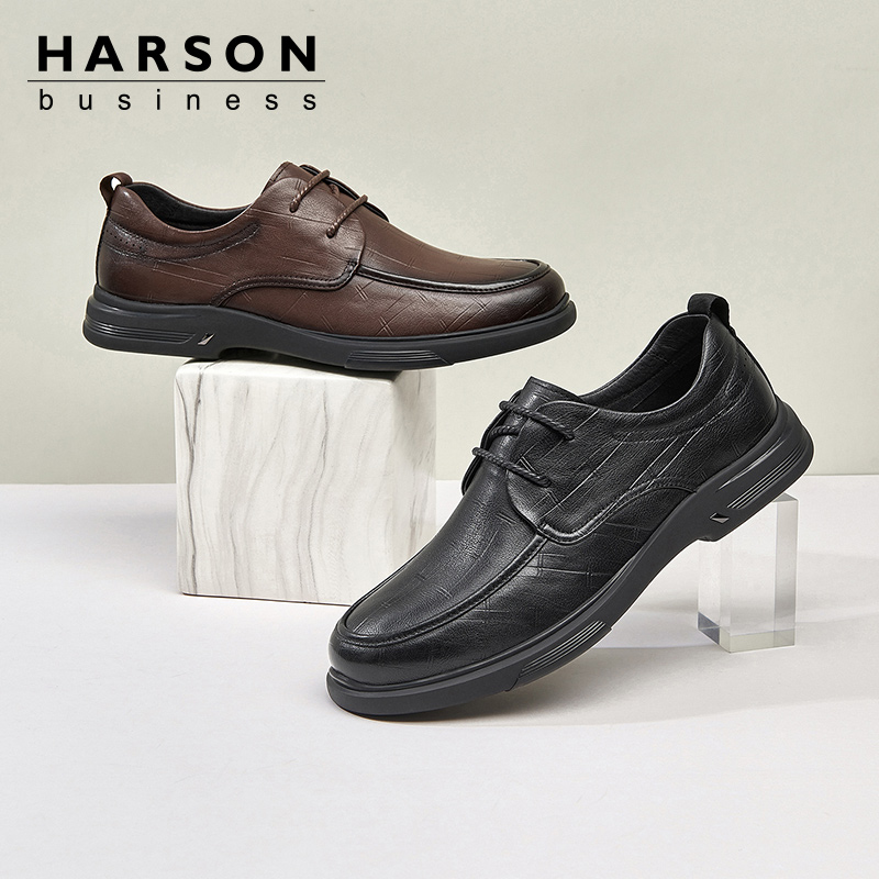 哈森男鞋秋季商务休闲皮鞋男士软底真皮爸爸鞋舒适黑色公务通勤鞋 - 图2