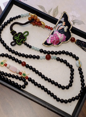 新中式国风长款绿流苏黑檀包斜挎包包链斜挎链背背链项链的配饰