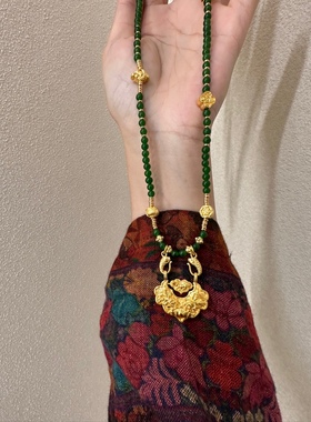 新款热卖鉴刻锦鲤如意锁碧绿圆珠双鱼扣古法沙金配件项链毛衣链女