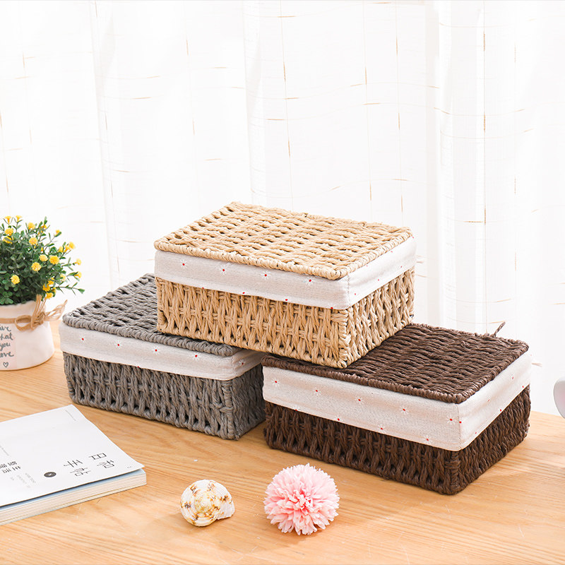 Rattan storage basket with lid, cosmetics and miscellaneous storage box