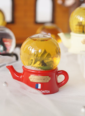 猫部杂货 法式黑猫下午茶茶壶迷你树脂摆件 巴黎景点水晶球冰箱贴