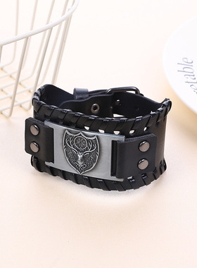 男士编织皮手链朋克老鹰图腾海贼王手环欧美维京宽皮手镯复古