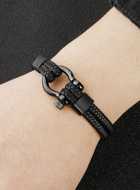 跨境手工编织时尚钛钢马蹄男士饰品真皮手腕带手环欧美手链亚马逊