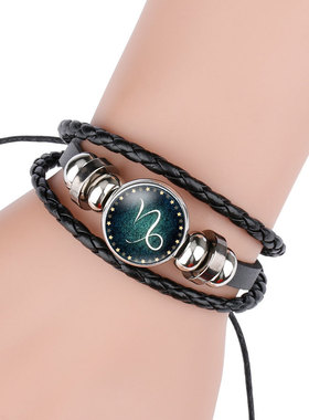 新款夜光十二星座时光宝石手链 串珠绕绳牛皮12星座手链