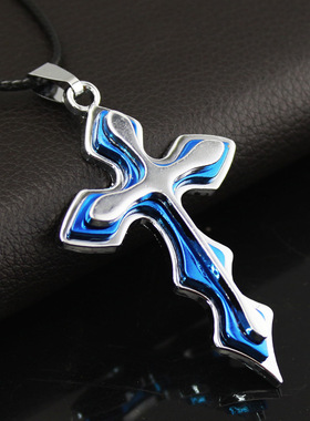 蓝色不锈吊坠钢外贸男士十字架波浪新款推荐项链