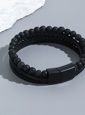 男款手工手链男士天然手链串珠手镯手串黑曜石编织亚马逊手饰