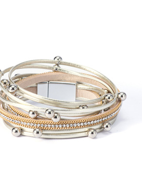 欧美流行跨境两圈钉珠皮手链多层皮革手链女时尚镶钻磁扣手镯手饰