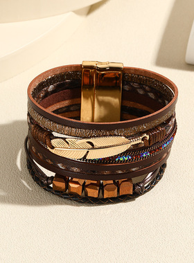 羽毛配件多层宽边皮手镯时尚新款波西米亚民族风手环水晶跨境手饰