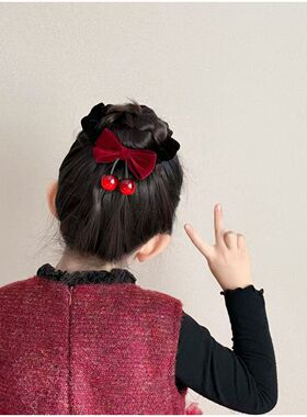 儿童植绒蝴蝶结樱桃发夹头绳女孩扎发丸子头大肠发圈甜美发卡头饰
