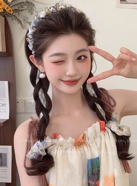 新款夏季碎花高颅顶发箍飘带绑发一体式齿梳头箍女款日常外戴发卡