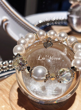 Akoya法式复古珍珠手链彩虹极光白水晶施家澳白奶油画手串礼物女