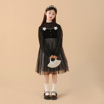 Girls dress 2023 Autumn Winter New CUHK Long Sleeves Black Mesh Yarn Splicing Little Scents Girl Princess Dress