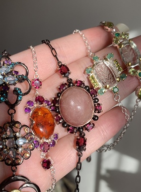 欧美天然中古风红宝石榴石银手链