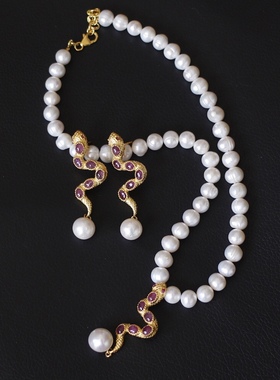 美国进口珍珠红宝石银耳环项链