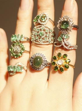 英国祖母绿沙弗莱钻石银戒指