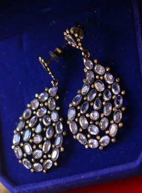 意大利回流进口天然坦桑石钻石925银镀金黑金中古董Vintage耳环