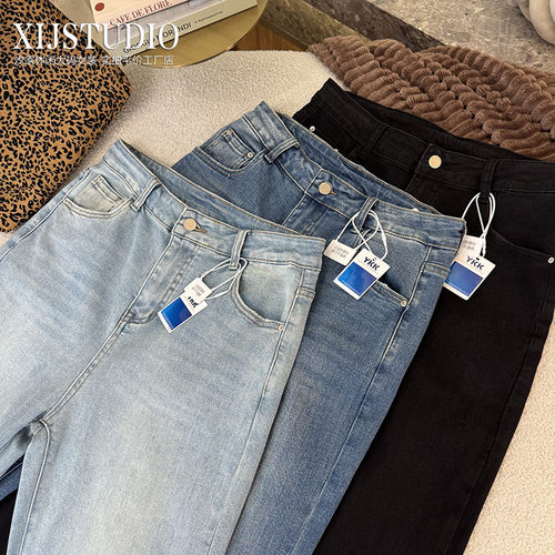 汐家女裤春季新款修饰腿型显瘦烟管裤大码高腰弹力九分直筒牛仔裤 - 图2